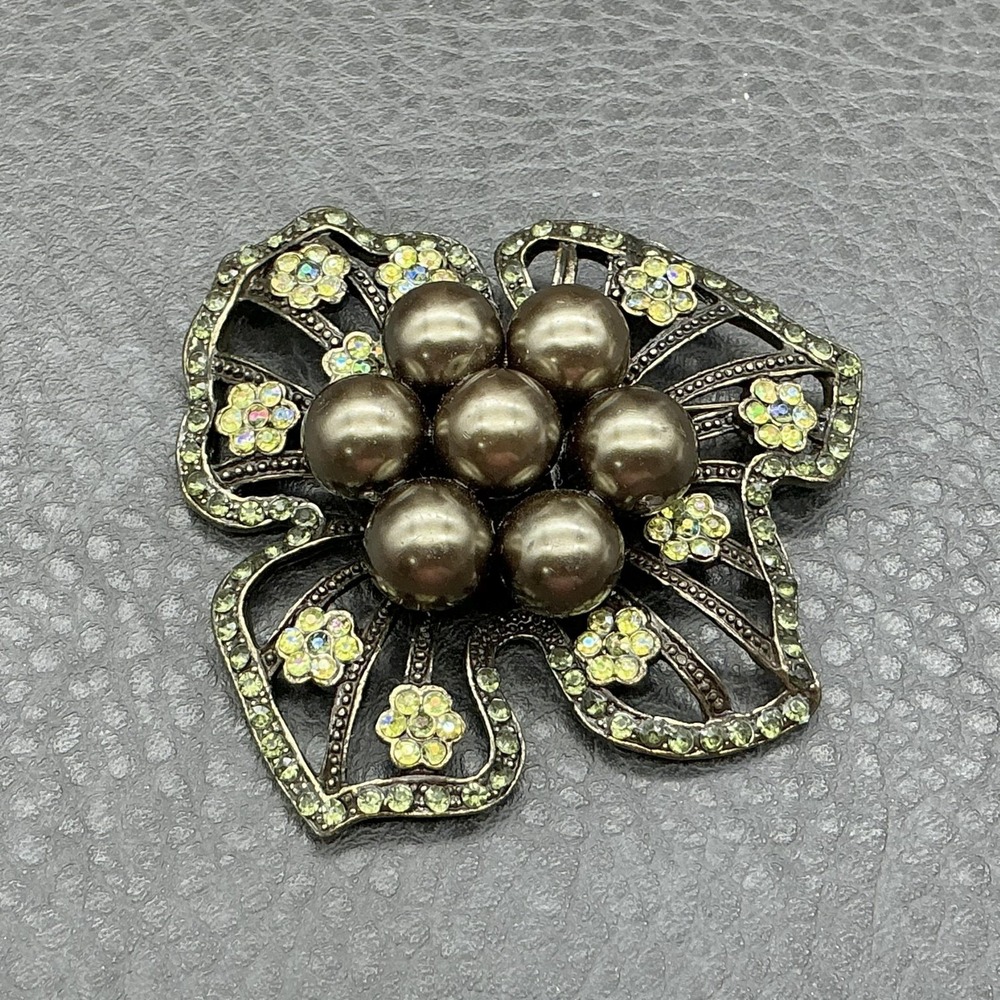 Gold Tone Floral Brooch Pin Bronze Faux‎ Pearl Cluster Rhinestone Flower 2.5"